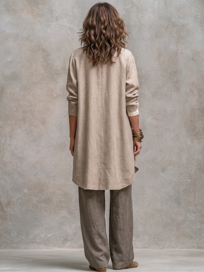 Costanza | Completo a tre pezzi beige e grigio, casual a strati, con pantaloni palazzo, elegante