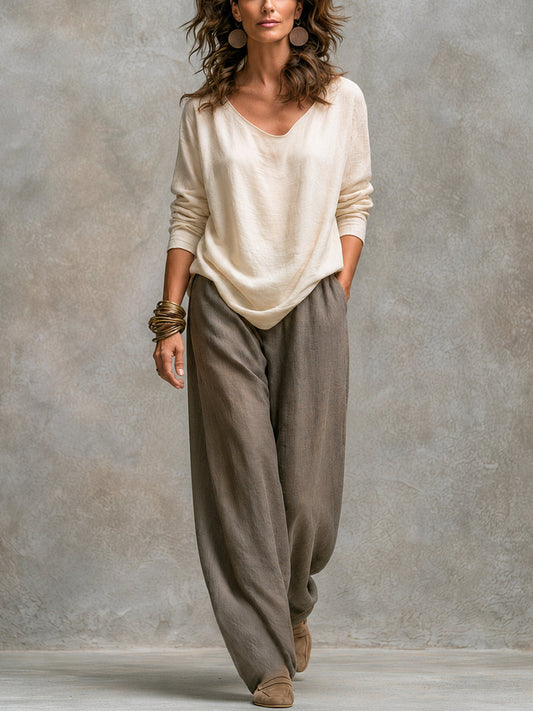 Costanza | Completo a tre pezzi beige e grigio, casual a strati, con pantaloni palazzo, elegante