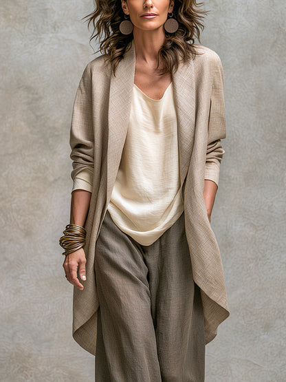 Costanza | Completo a tre pezzi beige e grigio, casual a strati, con pantaloni palazzo, elegante