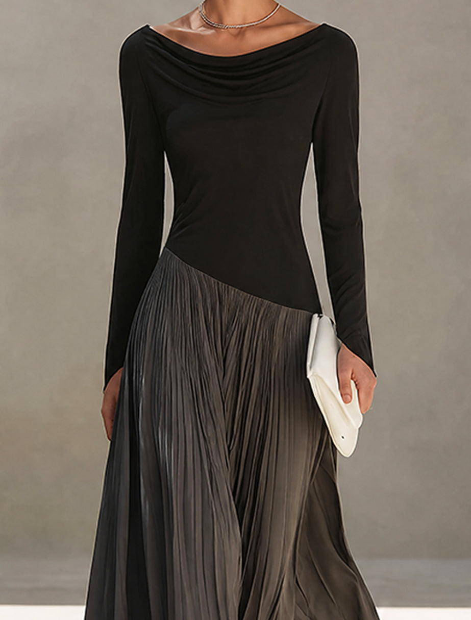 Marina | Vestito maxi plissettato con scollo drappeggiato bicolore nero e grigio