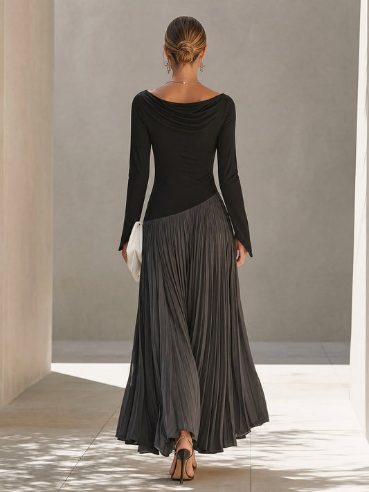Marina | Vestito maxi plissettato con scollo drappeggiato bicolore nero e grigio