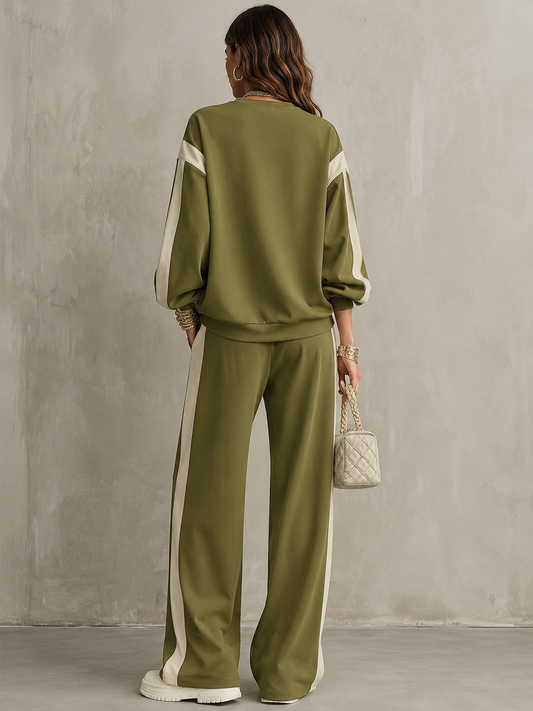 Sonia | Completo casual verde oliva con felpa girocollo e pantaloni larghi con coulisse