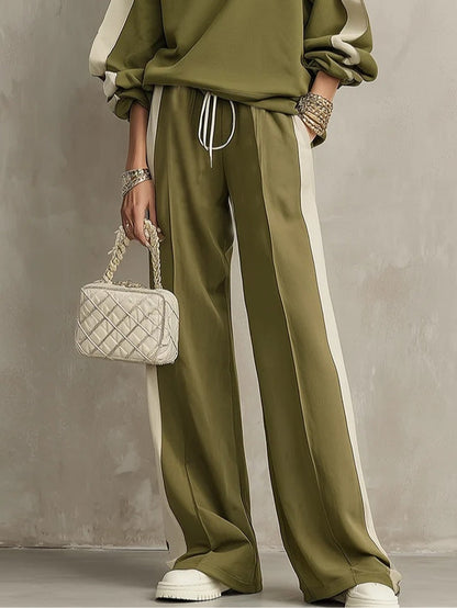 Sonia | Completo casual verde oliva con felpa girocollo e pantaloni larghi con coulisse