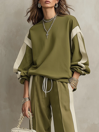 Sonia | Completo casual verde oliva con felpa girocollo e pantaloni larghi con coulisse