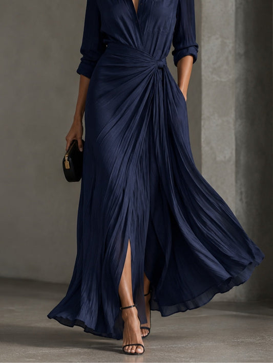 Gabriella | Elegante abito chemisier lungo blu marino annodato