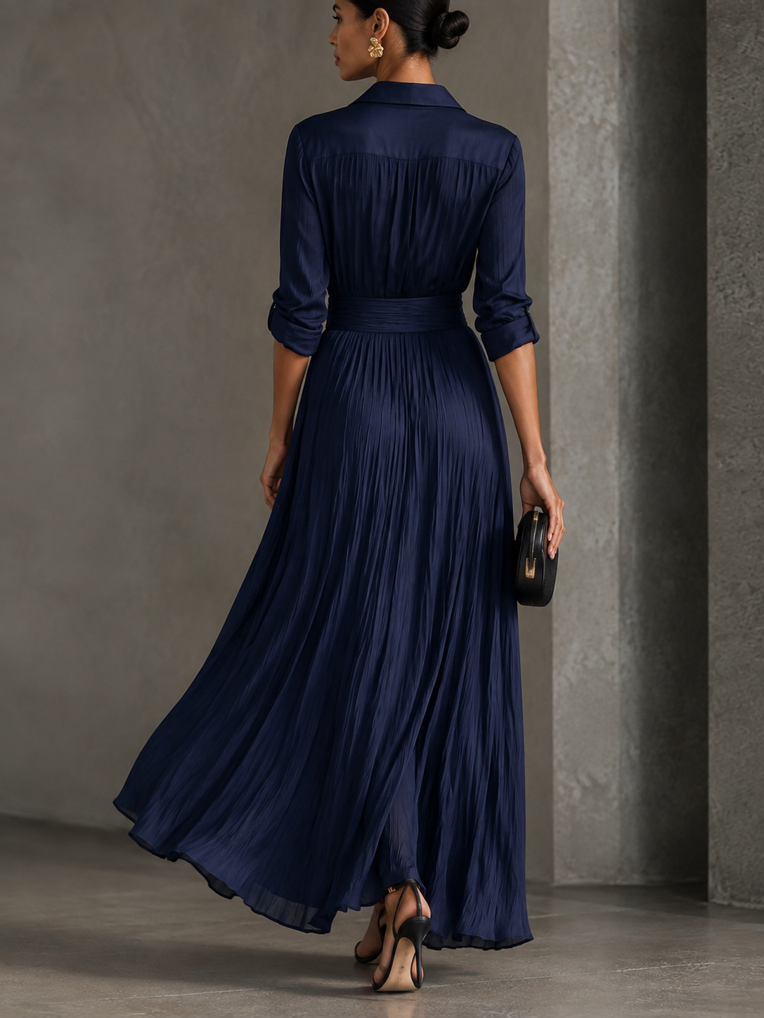 Gabriella | Elegante abito chemisier lungo blu marino annodato