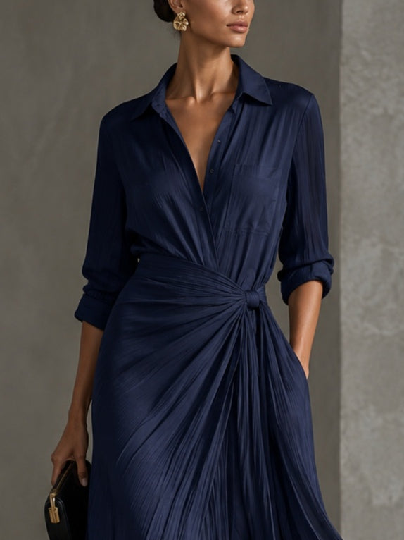 Gabriella | Elegante abito chemisier lungo blu marino annodato