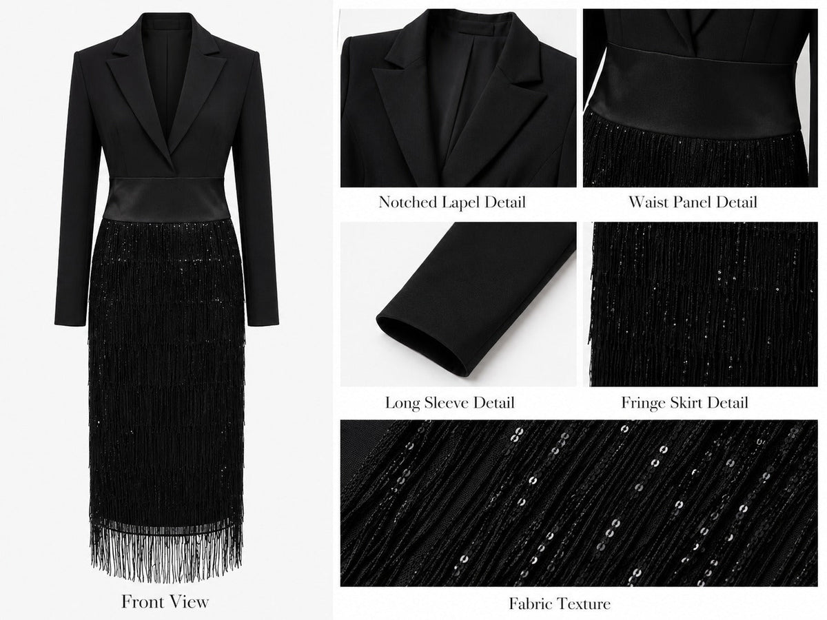 Jimena | Abito midi con corpino stile blazer, paillettes e frange nero