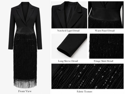 Jimena | Abito midi con corpino stile blazer, paillettes e frange nero
