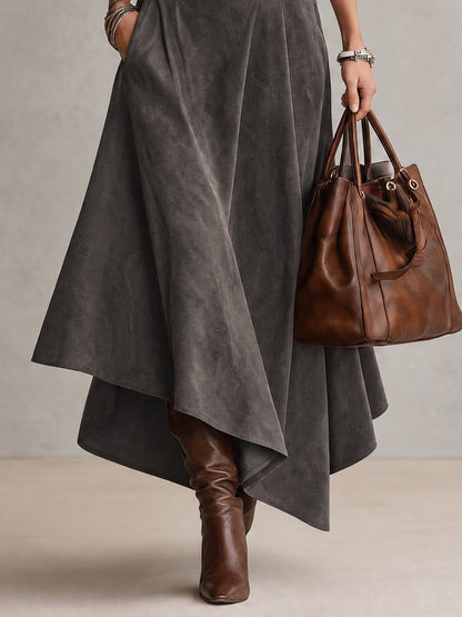 Carmen | Completo con top a collo alto grigio e gonna midi asimmetrica in scamosciato sintetico (con cintura)