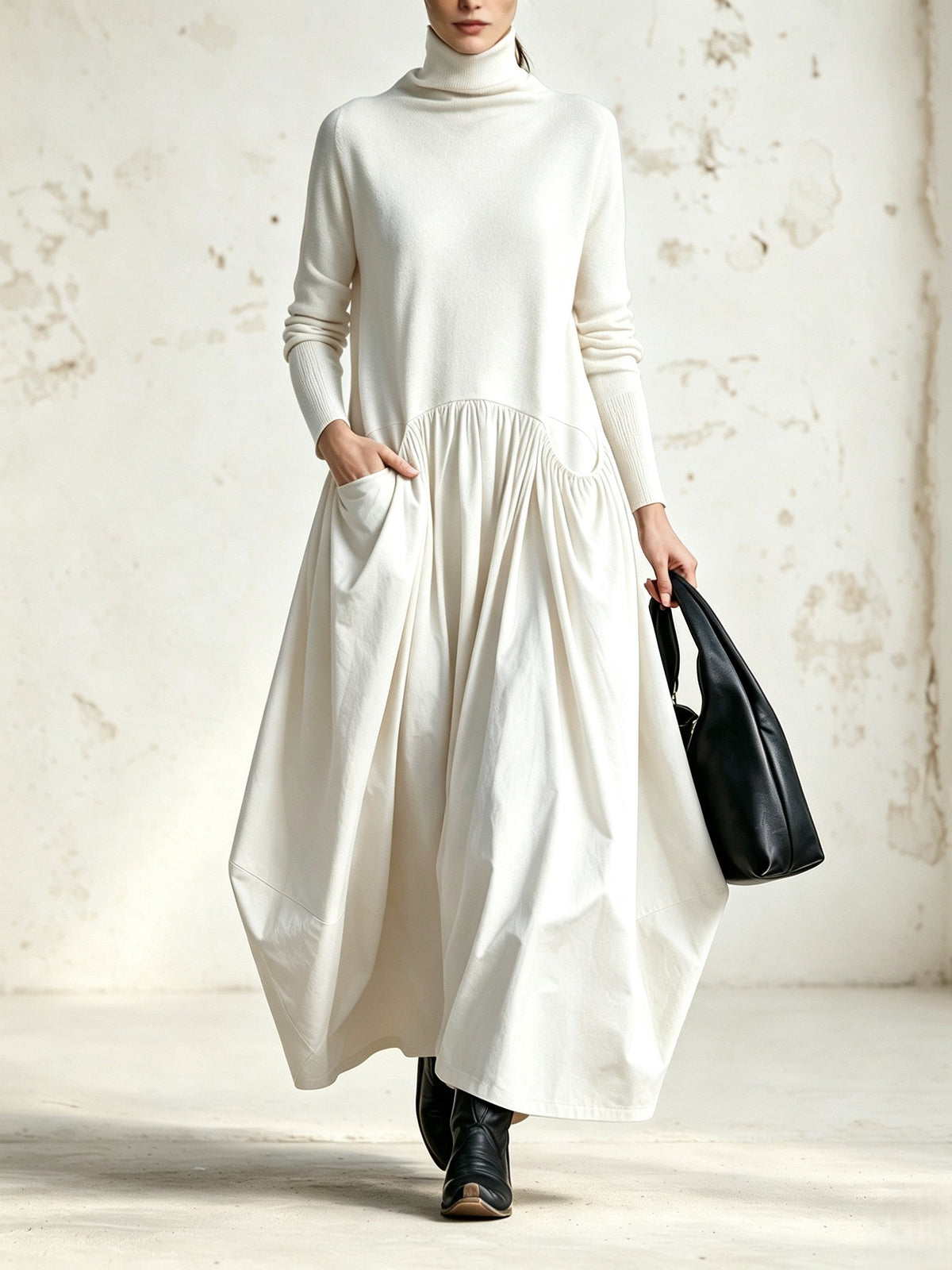 Abito lungo oversize a collo alto con tasche