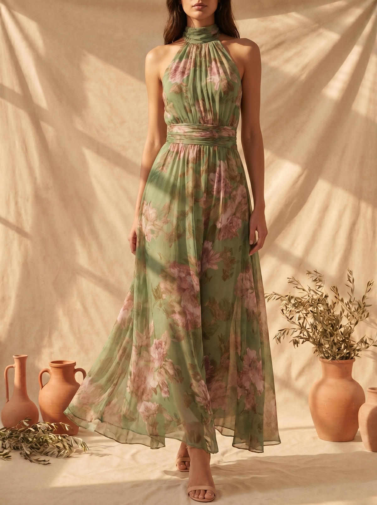 Lidia | Elegante abito maxi floreale con collo all’americana