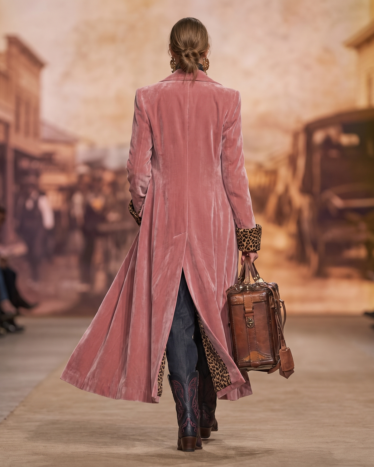 Alejandra | Cappotto Lungo in Velluto con Fodera Leopardata
