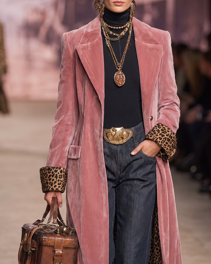 Alejandra | Cappotto Lungo in Velluto con Fodera Leopardata