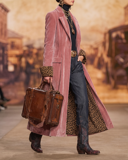 Alejandra | Cappotto Lungo in Velluto con Fodera Leopardata