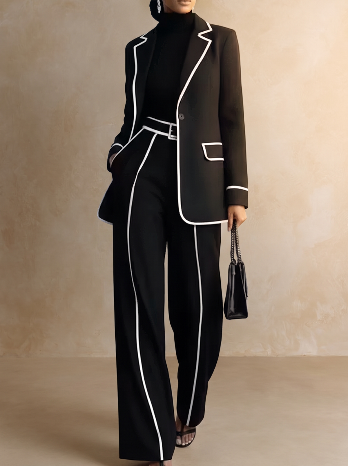 Claudia | Completo due pezzi con blazer rifinito in nero a contrasto e pantaloni a gamba larga
