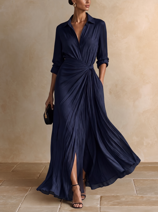Gabriella | Elegante abito chemisier lungo blu marino annodato