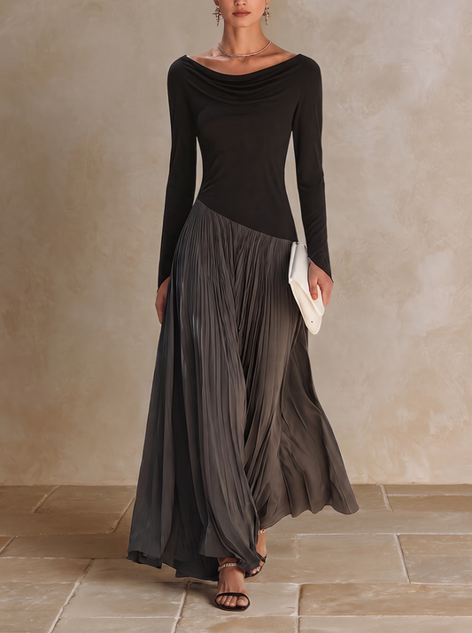 Marina | Vestito maxi plissettato con scollo drappeggiato bicolore nero e grigio