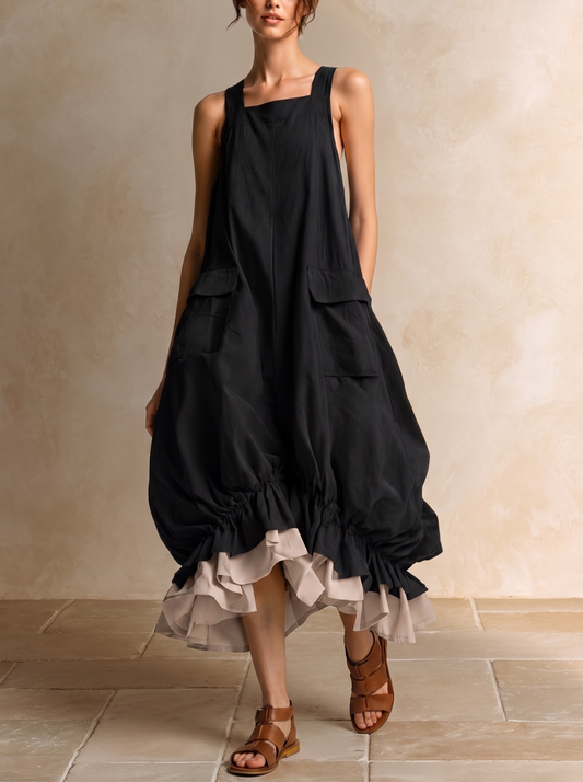Daniela | Vestito midi a palloncino senza maniche con ampie tasche, strati e orlo con volant