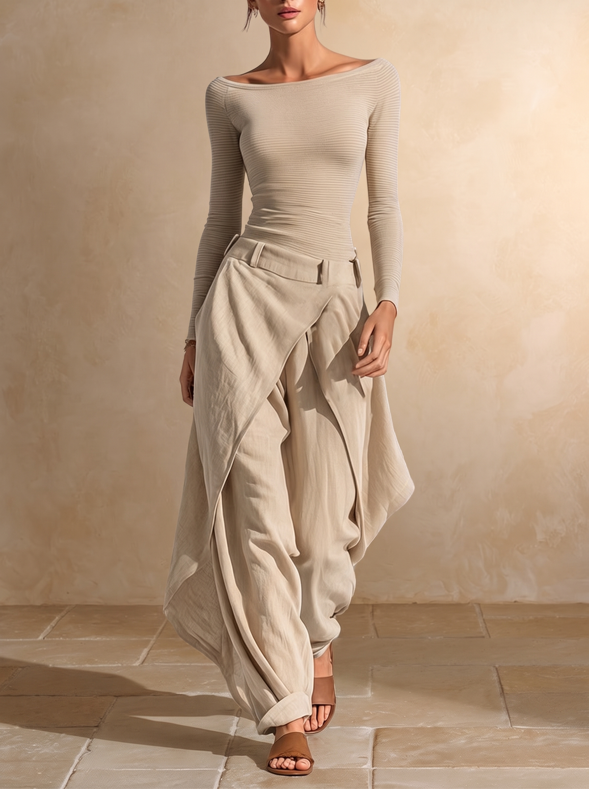 Giuliana | Completo beige con top con scollo a barca e pantaloni a gamba larga a strati