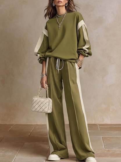 Sonia | Completo casual verde oliva con felpa girocollo e pantaloni larghi con coulisse