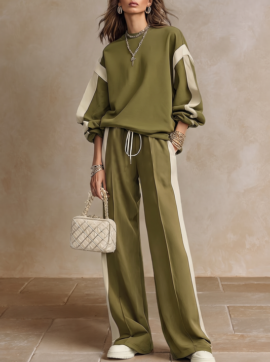 Sonia | Completo casual verde oliva con felpa girocollo e pantaloni larghi con coulisse