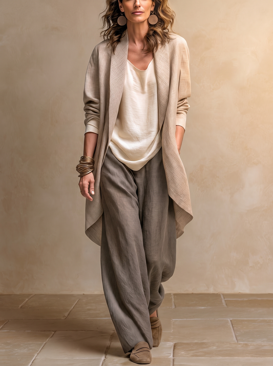 Costanza | Completo a tre pezzi beige e grigio, casual a strati, con pantaloni palazzo, elegante