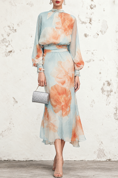 Emilia | Completo due pezzi: top a collo alto e maniche lunghe con gonna floreale romantica