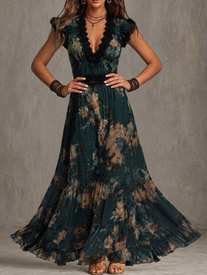 Luz | Abito lungo vintage in chiffon verde scuro con pizzo floreale