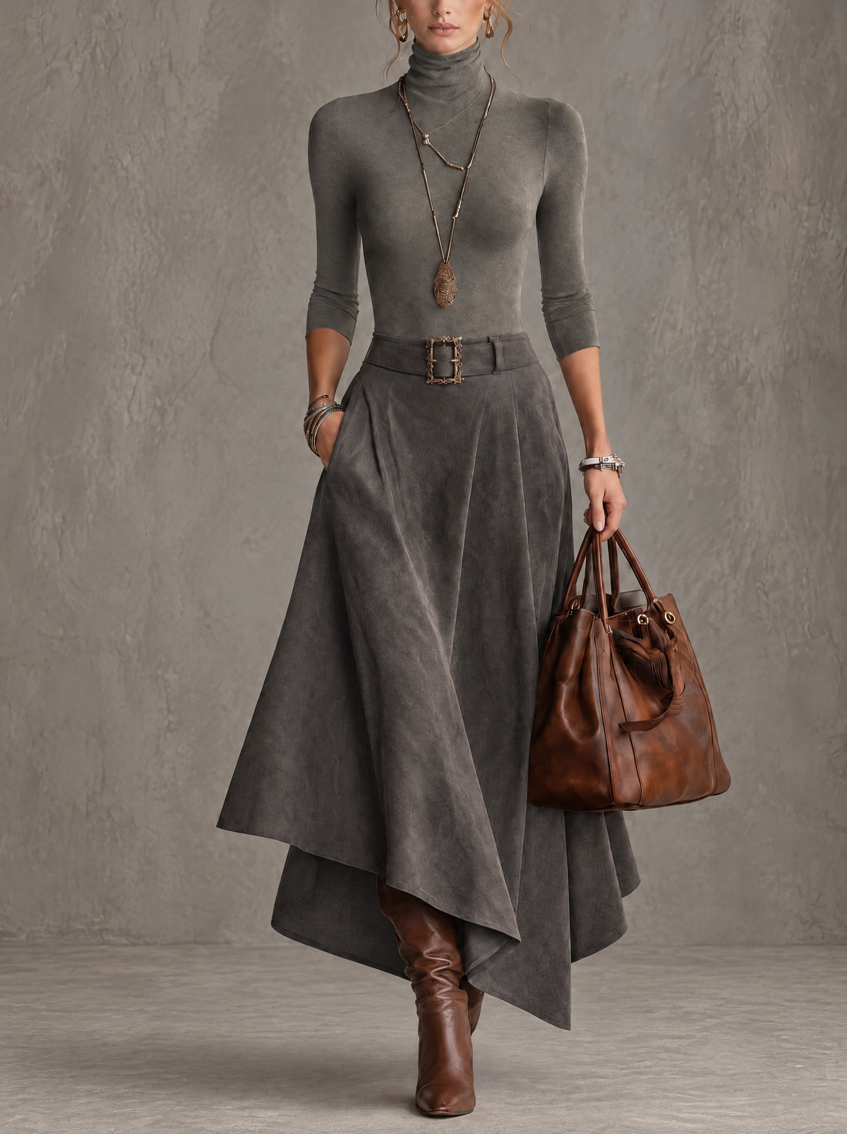 Carmen | Completo con top a collo alto grigio e gonna midi asimmetrica in scamosciato sintetico (con cintura)