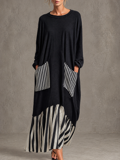 Alba | Abito lungo oversize in cotone nero con righe effetto patchwork