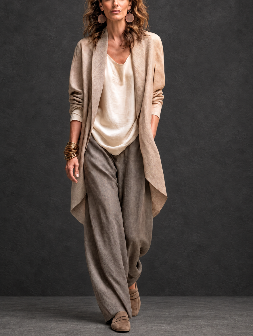 Costanza | Completo elegante tre pezzi beige e grigio con pantaloni palazzo a strati