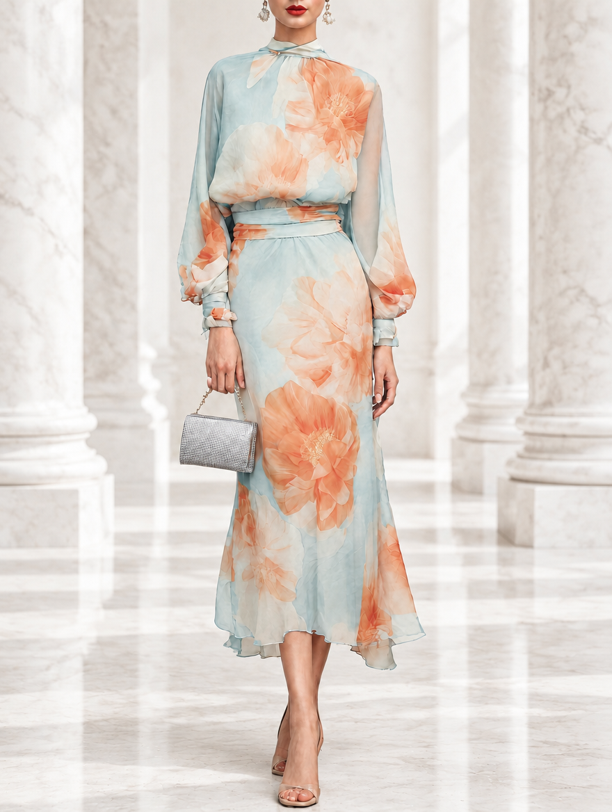 Emilia | Completo due pezzi: top a collo alto e maniche lunghe con gonna floreale romantica
