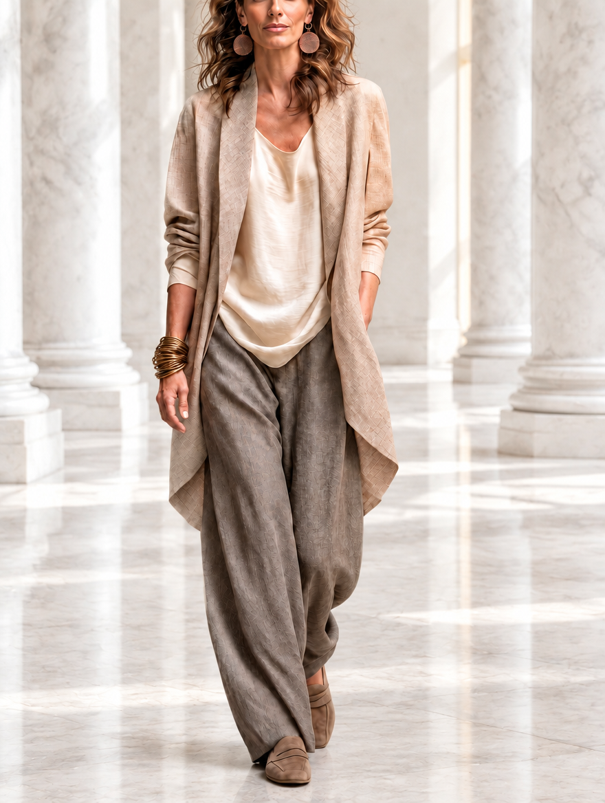 Costanza | Completo elegante tre pezzi beige e grigio con pantaloni palazzo a strati