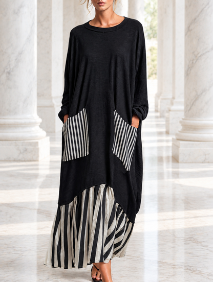 Alba | Abito lungo oversize in cotone nero con righe effetto patchwork