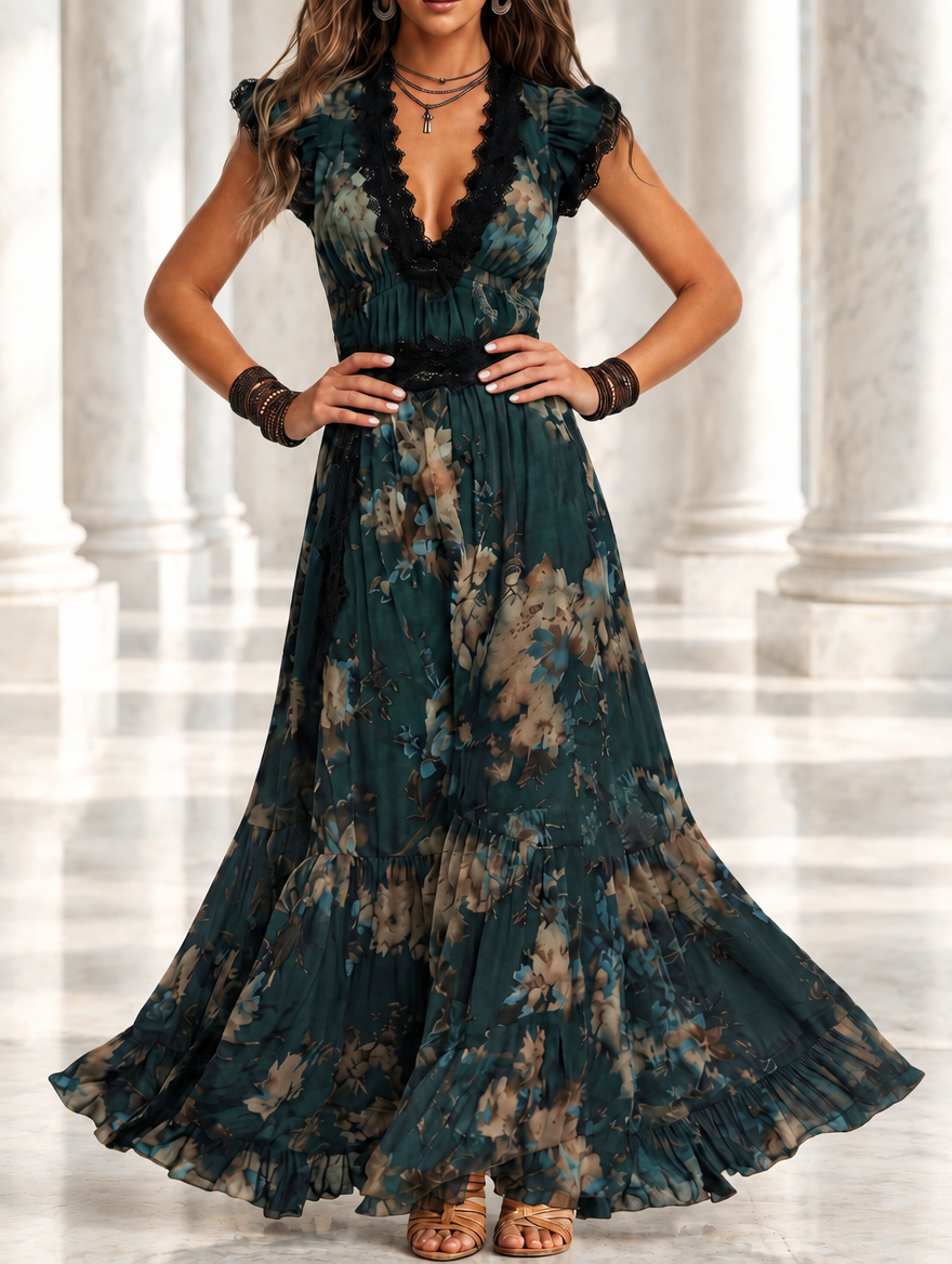 Luz | Abito lungo vintage in chiffon verde scuro con pizzo floreale