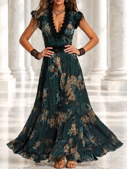 Luz | Abito lungo vintage in chiffon verde scuro con pizzo floreale