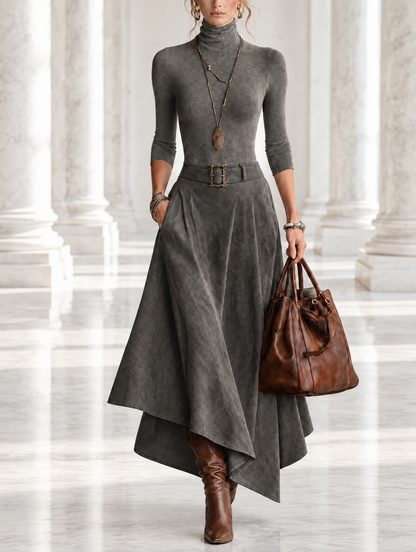 Carmen | Completo con top a collo alto grigio e gonna midi asimmetrica in scamosciato sintetico (con cintura)