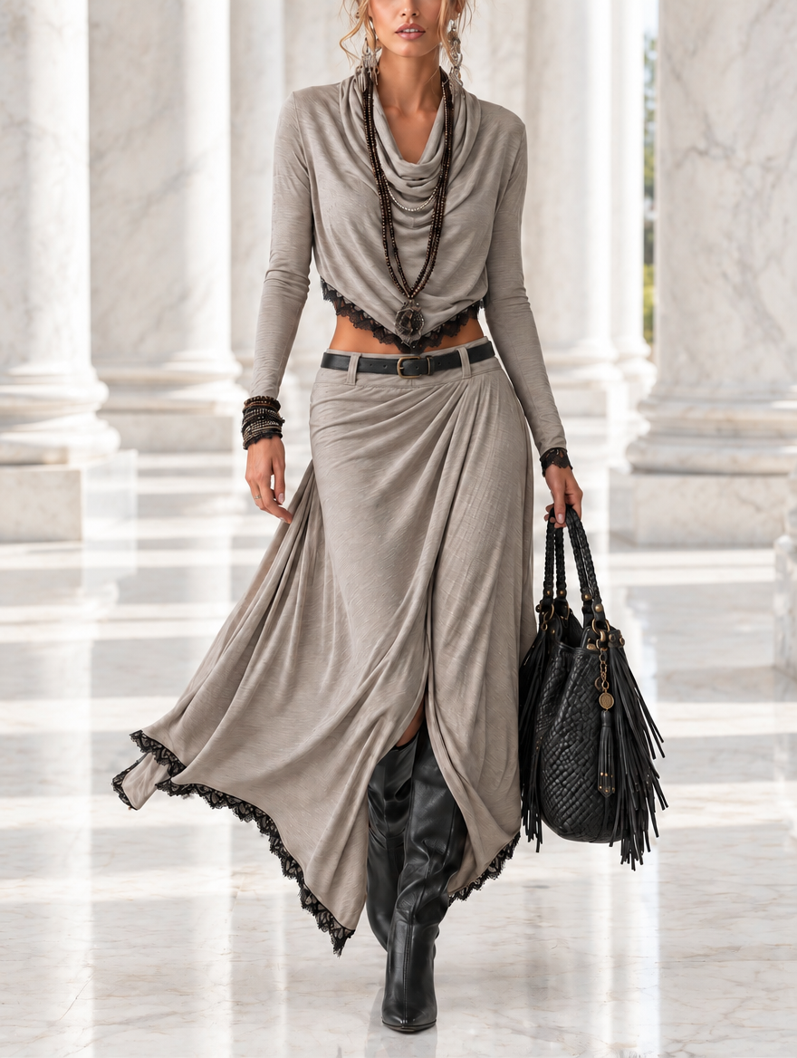 Noa | Completo con top corto elasticizzato a collo drappeggiato grigio e gonna lunga con spacco (cintura inclusa)