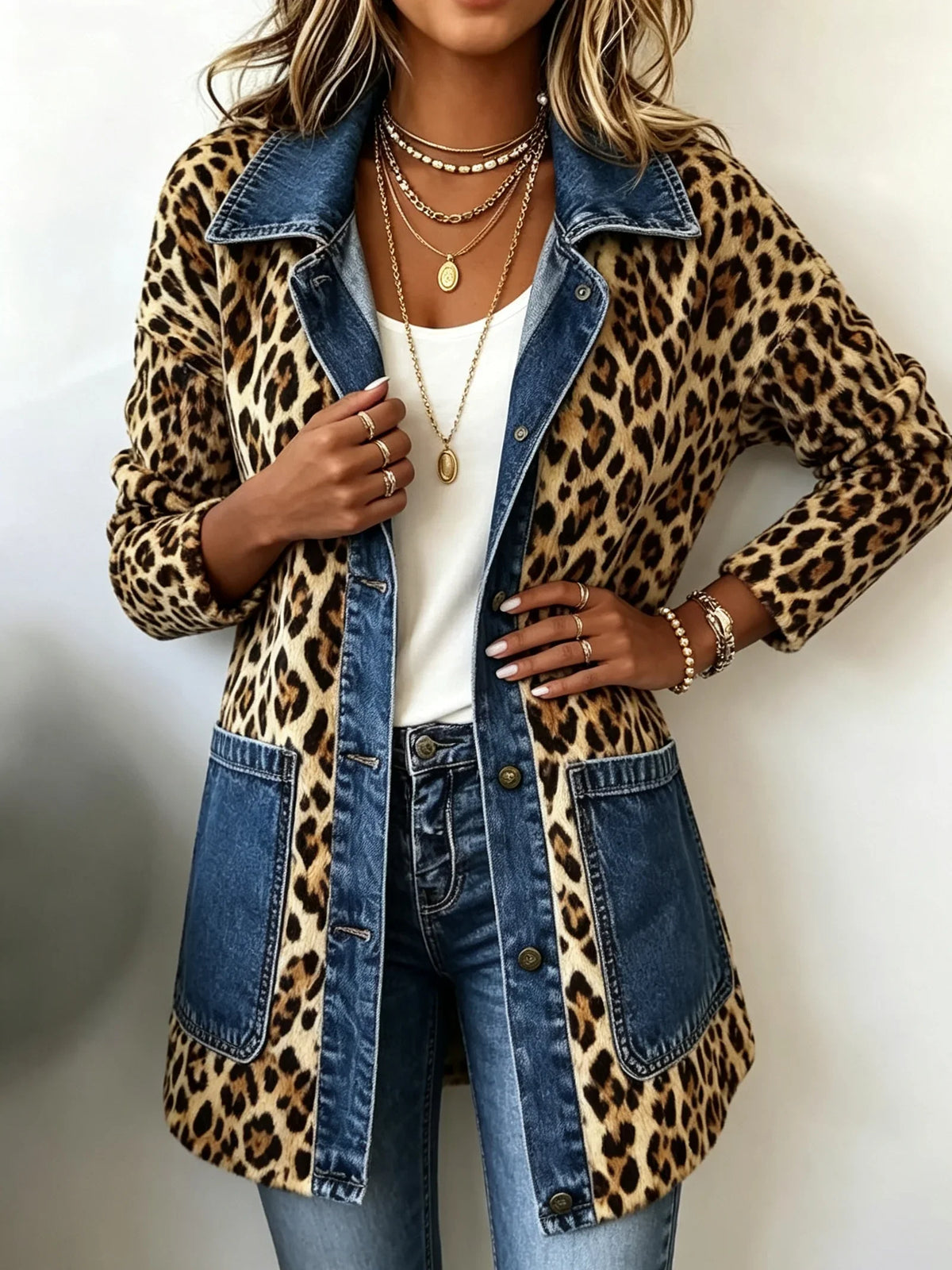 Nieves | Giacca Lunga Leopardata con Inserti in Denim