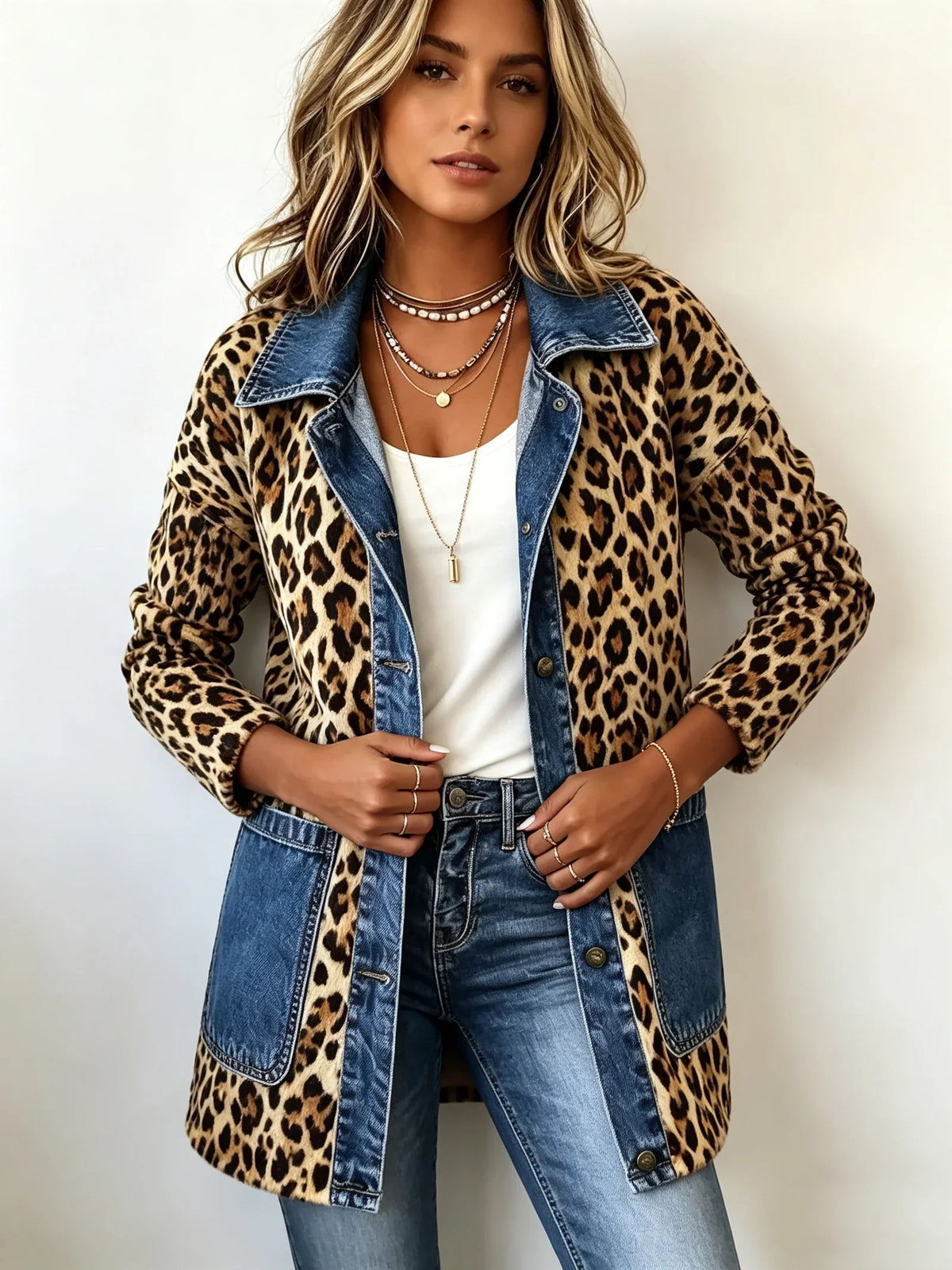 Nieves | Giacca Lunga Leopardata con Inserti in Denim