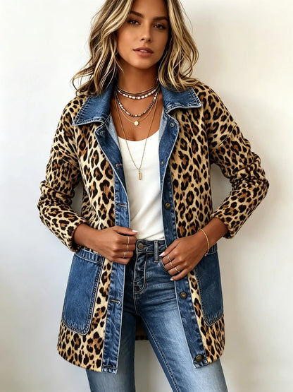 Nieves | Giacca Lunga Leopardata con Inserti in Denim
