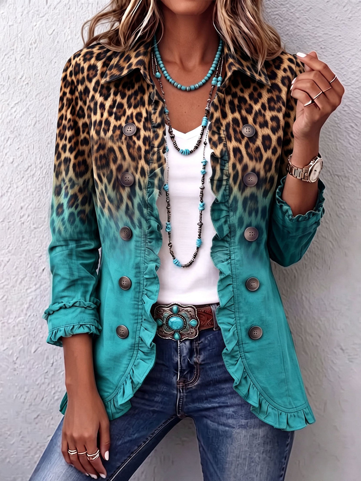 Herminia | Giacca Blazer Leopardata Sfumata con Volant