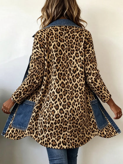 Nieves | Giacca Lunga Leopardata con Inserti in Denim