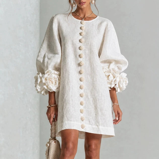 Vestito floreale con maniche a sbuffo e scollo rotondo