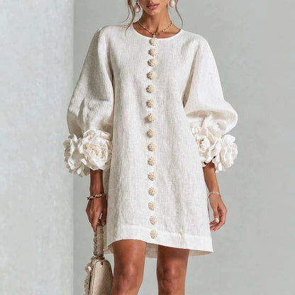 Vestito floreale con maniche a sbuffo e scollo rotondo